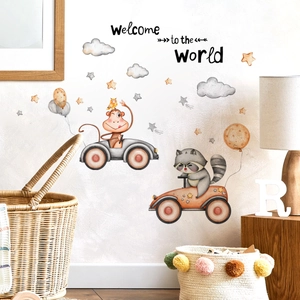 Cartoon animal car wall stickers with clouds and stars for baby nursery room decor