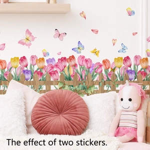 Wall Stickers Watercolor Tulip Flowers Garden Fence Butterflies PVC Self Adhesive Removable Decals Home Decor