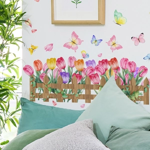 Self-adhesive floral wall stickers with colorful tulips, fence, and butterflies for home decor