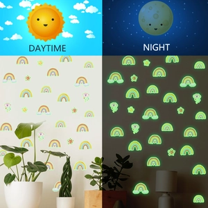 Luminous rainbow and star wall decals showing day and night glow effect in bedroom