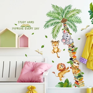 Cartoon Forest Animals Coconut Tree Wall Stickers Educational Slogan Study Hard Books PVC Kids Room Nursery Wall Decals