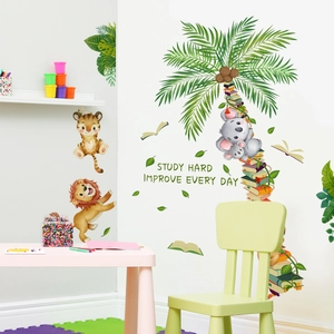 Cartoon forest animals and creative palm tree wall sticker for kids bedroom decoration