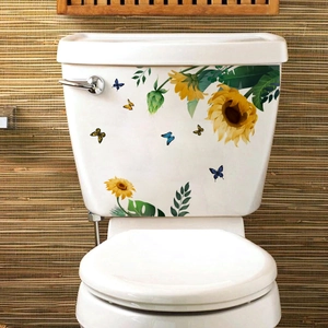 Adesivi murali con girasoli e farfalle per decorazione del serbatoio del water bianco