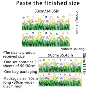 Size guide for self-adhesive floral wall stickers showing finished and received dimensions