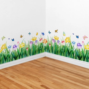 Tulip Flower Butterfly Wall Stickers PVC Waterproof Self Adhesive Decals For Bedroom Living Room Skirting Line Decoration