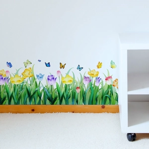 Self-adhesive wall sticker featuring colorful tulips and butterflies for baseboard decor