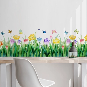 Watercolor floral garden wall stickers with colorful butterflies and vibrant tulips