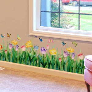 Colorful tulip garden wall stickers with butterflies for room baseboard decoration