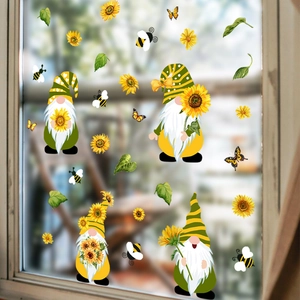 Sunflower Gnome Wall Stickers PVC Window Clings Summer Garden Decorative Decals For Home Glass Living Room