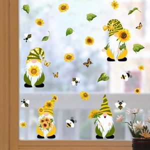 Self-adhesive sunflower gnome wall stickers for window glass decoration with bee motifs