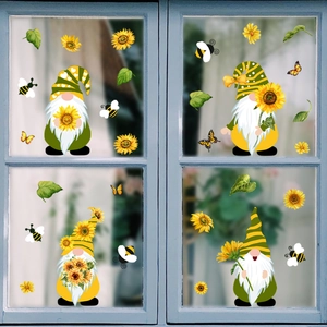 Gnome sunflower window stickers set with bees and butterflies for home glass decoration