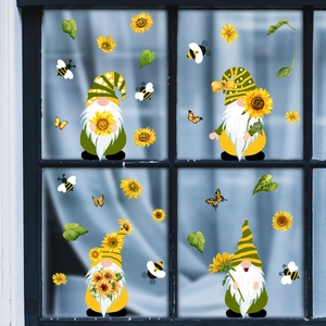 Self-adhesive sunflower gnome window stickers with bees and butterflies for home decoration