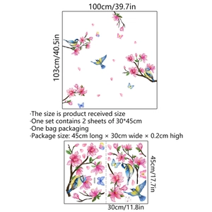 Pink magnolia wall decals with birds and butterflies for glass window and home decoration