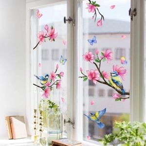 Pink magnolia flowers and birds window glass decals for home wall decoration