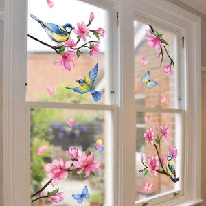 Floral bird glass window stickers with magnolia flowers and colorful butterflies