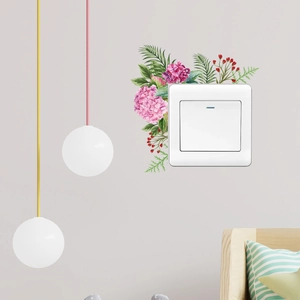 Floral switch wall sticker with pink hydrangeas and green leaves for home decoration