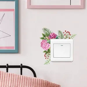 Floral wall sticker with pink hydrangeas and green leaves for home light switch decor