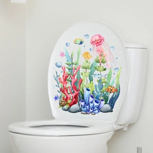 Self-adhesive watercolor ocean world toilet seat sticker with jellyfish and coral
