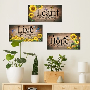 Three-piece sunflower wall art set with inspirational quotes and wood grain texture decor