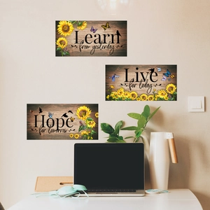 Three-piece sunflower wall plaque set with motivational quotes and butterflies