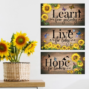 Three-piece sunflower and butterfly wall art set with inspirational English quotes