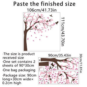 Detail view of cherry blossom tree wall decals with bird motifs and dimensions