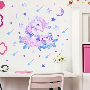 Luminous unicorn and moon wall stickers set with stars for kids room decor