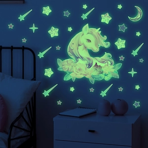 Glow In The Dark Unicorn Wall Stickers Luminous Moon Star Floral Wall Decals For Kids Room Nursery Bedroom PVC DIY Art Posters
