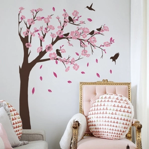 Pink cherry blossom tree wall sticker with black birds for home living room decoration