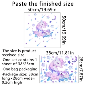 Luminous unicorn and moon star wall stickers with size dimensions for home decor