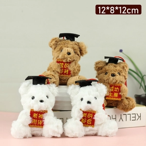 Plush graduation teddy bears with doctor caps and success banners in white and brown