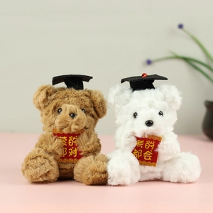 Close-up of brown and white graduation plush bears with doctoral caps and scrolls