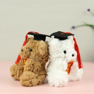 Detail of graduation plush bears with scholar caps and golden calligraphy on red scrolls