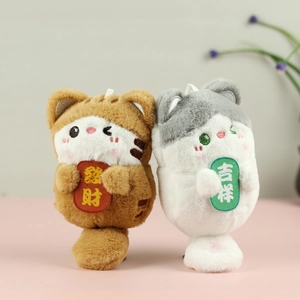 Detail of plush cat keychains with Fortune and Auspicious embroidery in soft faux fur