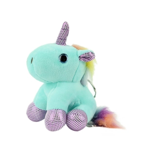 Mint green plush unicorn keychain with rainbow mane and purple sequin details on white background