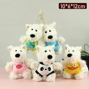 Detail showing five mini Westie plush charms in colorful animal onesies with size labels