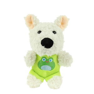 Cute white Westie plush dog in green frog vest keychain on a white background