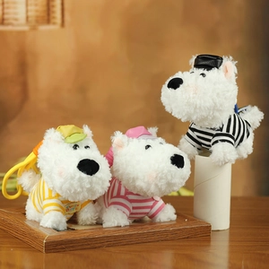Detailed view of plush Westie keychains wearing striped shirts and colorful caps