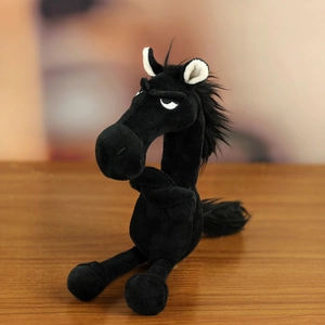 Plush Year of the Horse mascot mascot in black with an angry expression and crossed arms