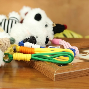 Detail of colorful braided nylon rope keychains with plush cartoon dog pendant and mini hats