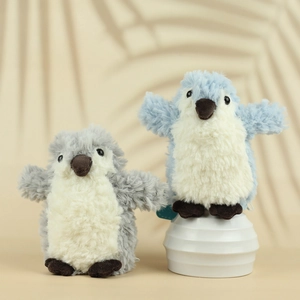 Cute plush penguin pendant keychain toy in soft grey and blue faux fur fabric
