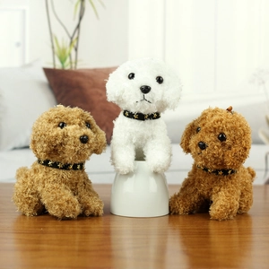 Cute realistic plush dog toy puppy doll with black collar and gold star on wood table