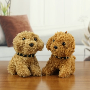 Cute teddy dog plush toy keychain with brown curly faux fur and star patterned collar