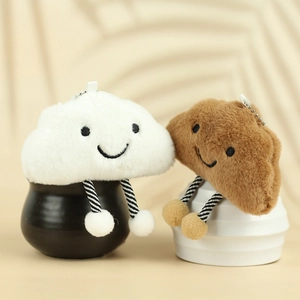 Cute white and brown fluffy cloud plush keychains with smile embroidery on ceramic jars