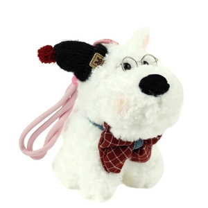 White Westie plush keychain with black knit hat, red bow tie and retro round glasses