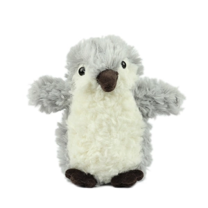 Cute gray and white plush penguin keychain toy with soft fluffy fur on white background