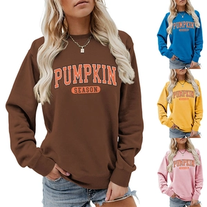 Vue détaillée des sweatshirts PUMPKIN SEASON en couleurs marron, bleu, jaune et rose