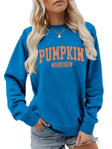 Détail du sweat bleu roi montrant l'imprimé Pumpkin Season vintage et bords-côtes