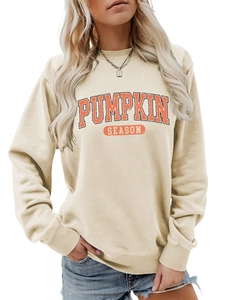 Détail de l'imprimé rétro PUMPKIN SEASON sur un sweat à col rond beige à manches longues