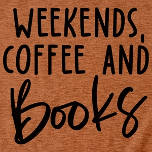 Close-up of rust red knit t-shirt fabric featuring black weekends coffee and books print